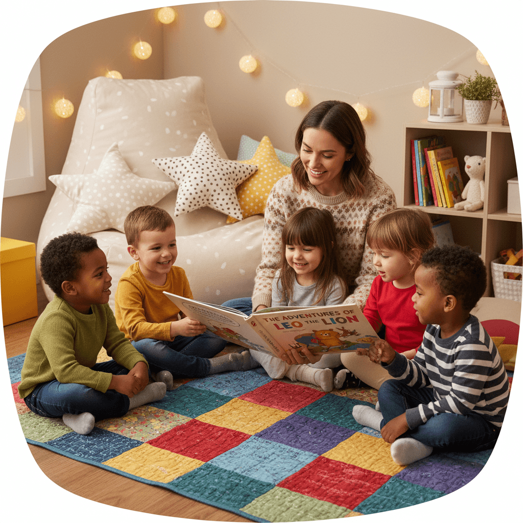 Caregiver reading a story to a group of children