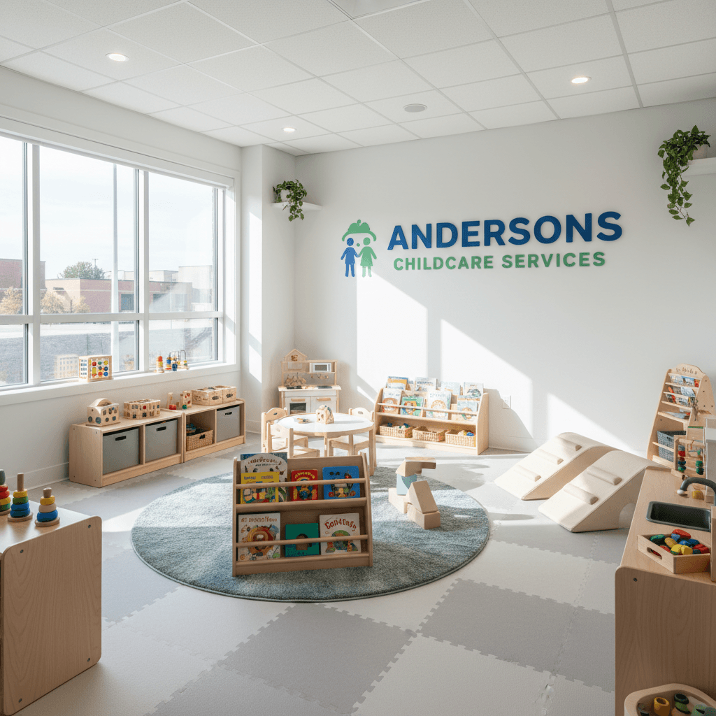 Childcare playroom with safety-approved toys and soft flooring