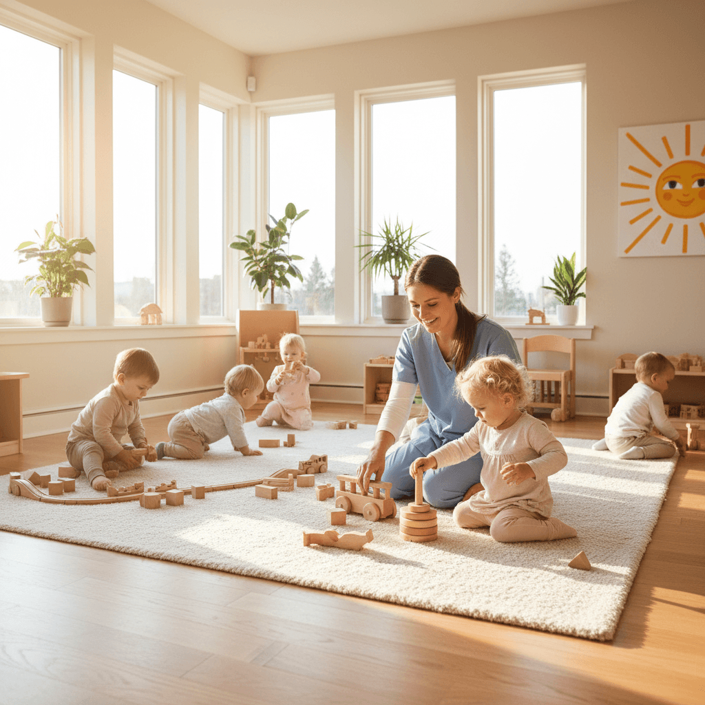 Children playing with wooden toys in a bright childcare room