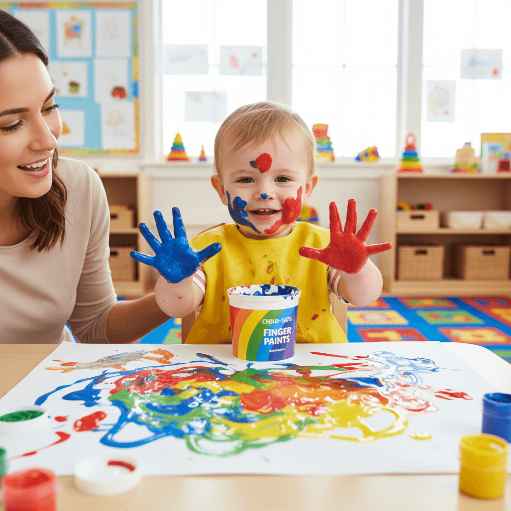 Toddler painting with finger paints at a low table
