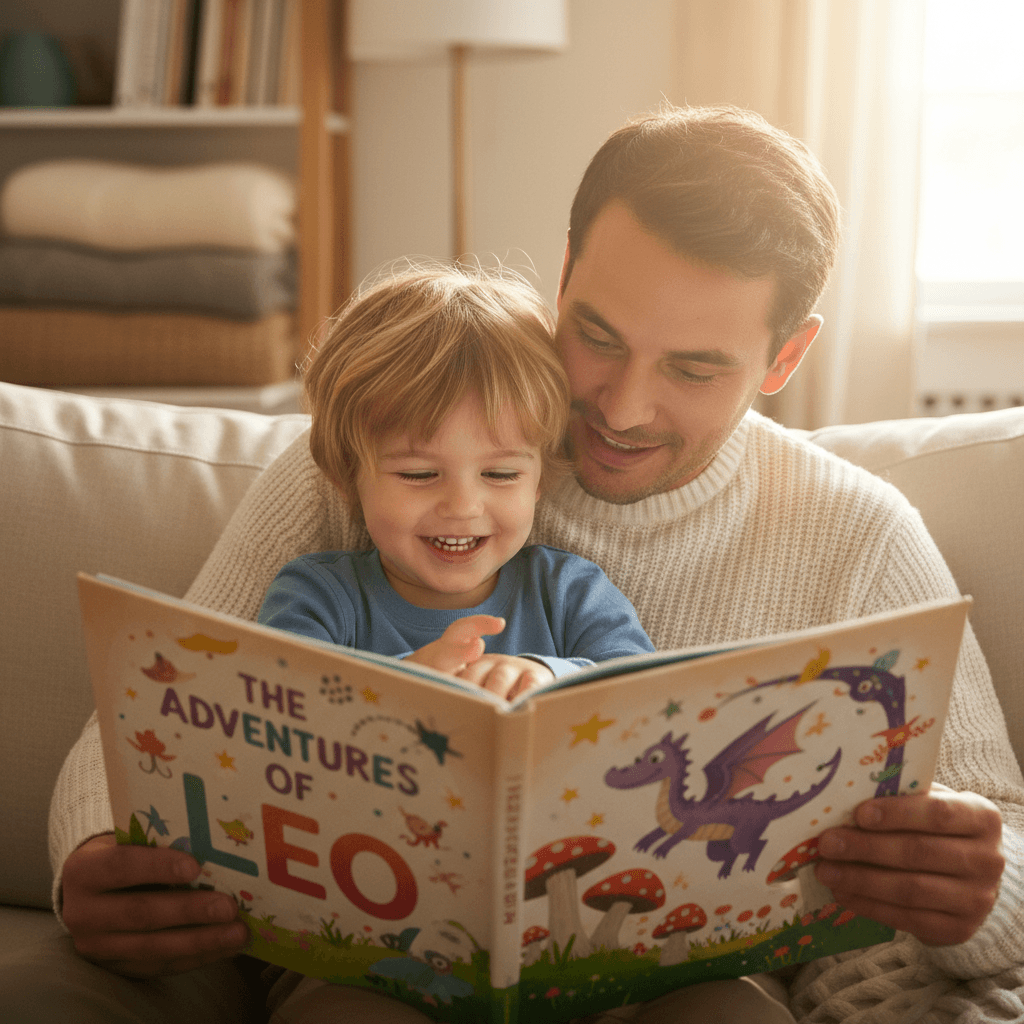A caregiver reading a book with two toddlers in a bright room
