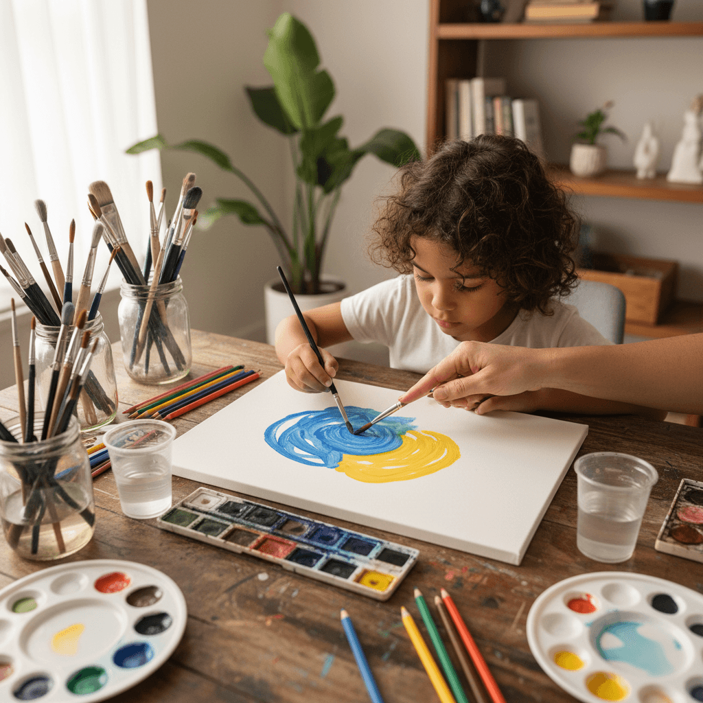Children painting at a table during art time