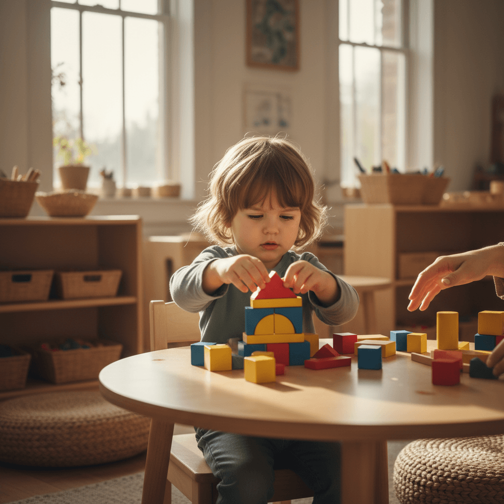 Child building a block tower with a caregiver