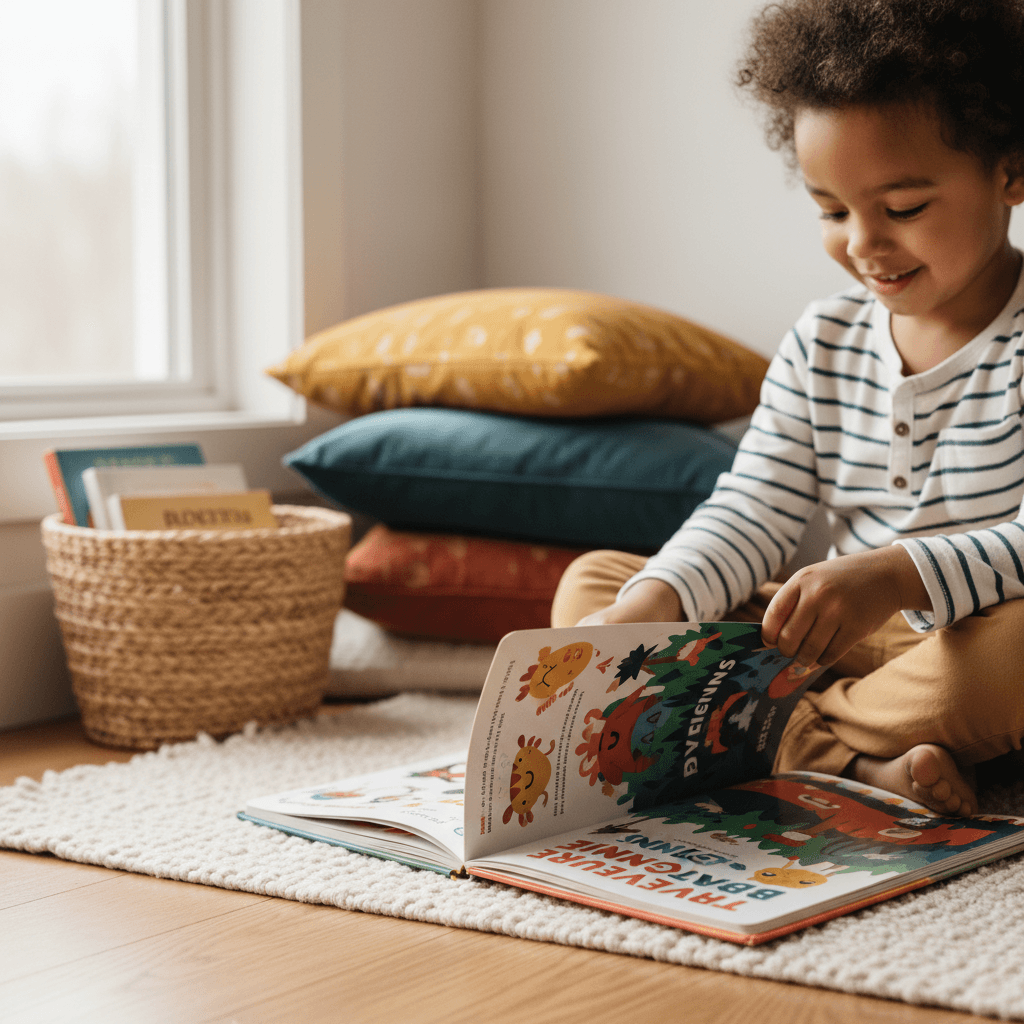Child reading a picture book in a cozy corner