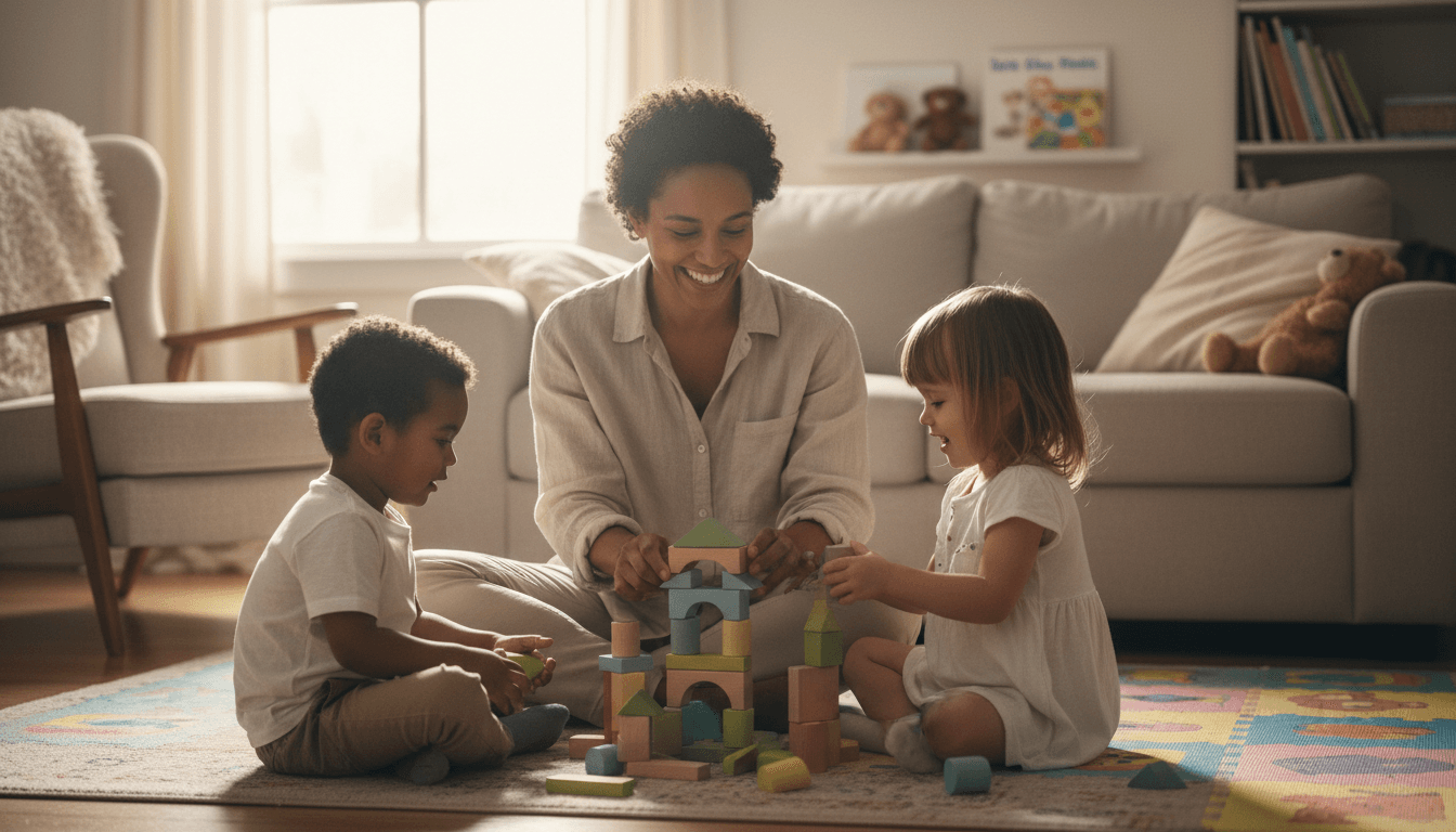 Children playing together with blocks in a sunlit childcare room