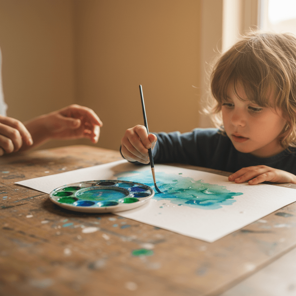 Child's hands mixing paint during an art activity