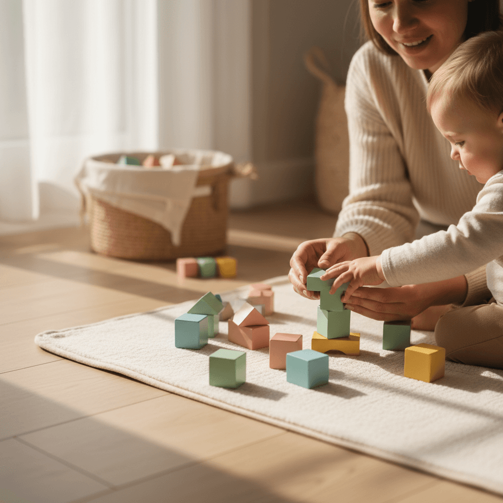 Caregiver playing with a toddler building blocks in a bright Toronto childcare room