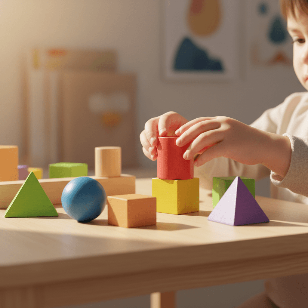 A child's hands stacking colorful wooden blocks