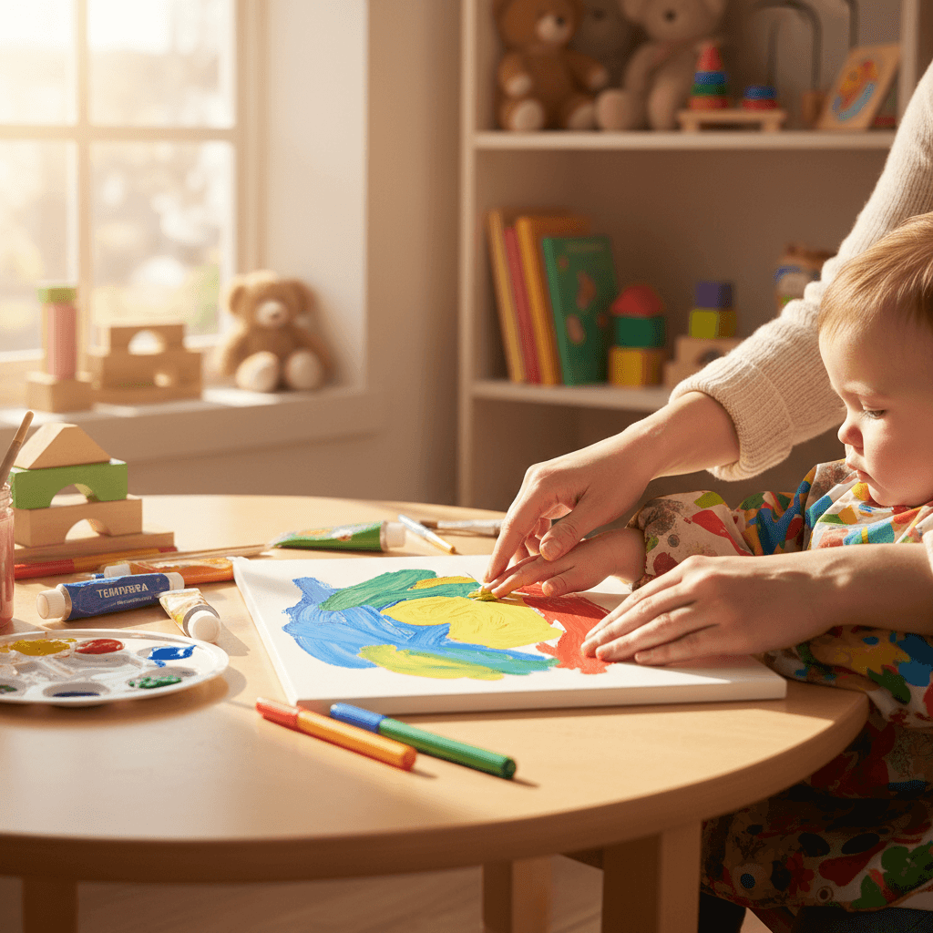 Caregiver guiding a young child's hand while painting