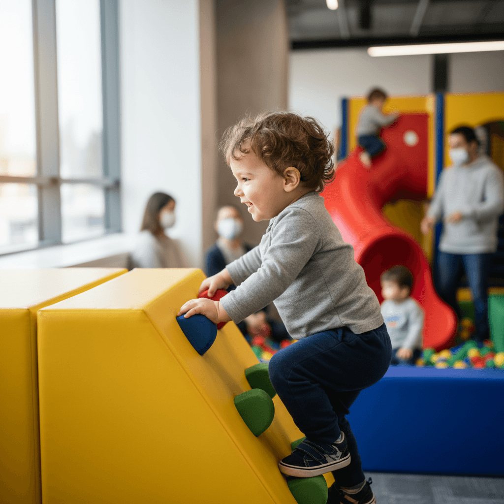Child playing on an indoor climbing structure with caregiver supervision