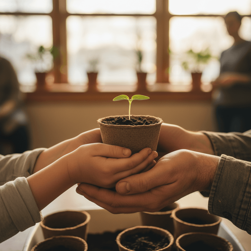 Child planting a seedling in a small pot