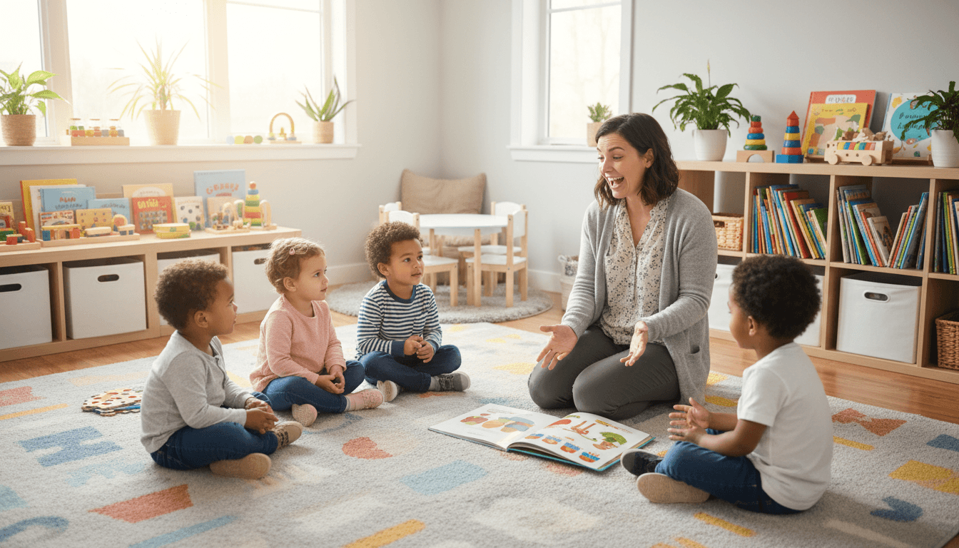 Children listening to a story with a caregiver at a Toronto childcare center